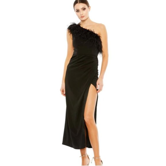 Mac Duggal 68147 Black Feather One Shoulder Midi Dress Cocktail Size 2 NEW - Picture 2 of 10